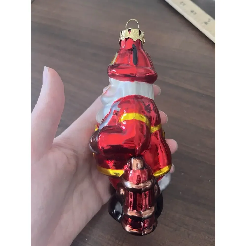 Christmas Ornament Santa Firefighter Hand Painted Glass Vintage